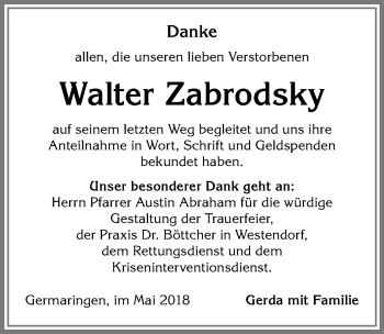 Traueranzeige von Walter Zabrodsky von Allgäuer Zeitung, Kaufbeuren/Buchloe