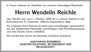 Traueranzeige von Wendelin Reichle von Allgäuer Zeitung