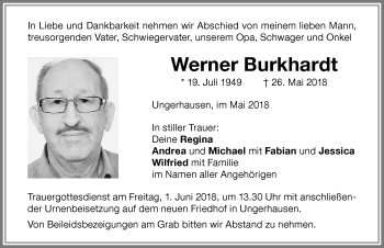 Traueranzeige von Werner Burkhardt von Memminger Zeitung