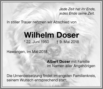 Traueranzeige von Wilhelm Doser von Memminger Zeitung