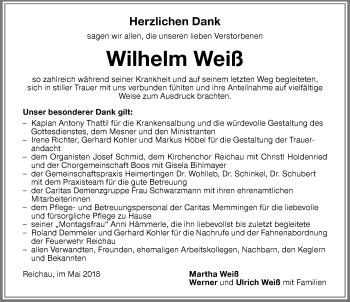 Traueranzeige von Wilhelm Weiß von Memminger Zeitung