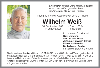 Traueranzeige von Wilhelm Weiß von Memminger Zeitung