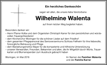 Traueranzeige von Wilhelmine Walenta von Memminger Zeitung