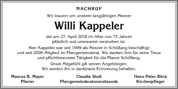 Traueranzeige von Willi Kappeler von Allgäuer Anzeigeblatt