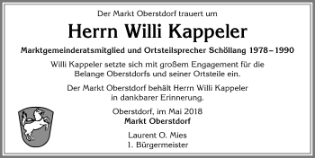 Traueranzeige von Willi Kappeler von Allgäuer Anzeigeblatt