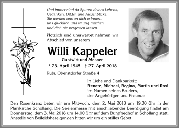 Traueranzeige von Willi Kappeler von Allgäuer Anzeigeblatt