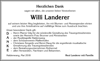 Traueranzeige von Willi Landerer von Allgäuer Zeitung,Kempten