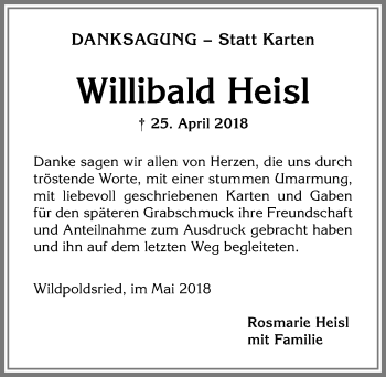 Traueranzeige von Willibald Heisl von Allgäuer Zeitung,Kempten