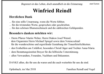 Traueranzeige von Winfried Reindl von Der Westallgäuer