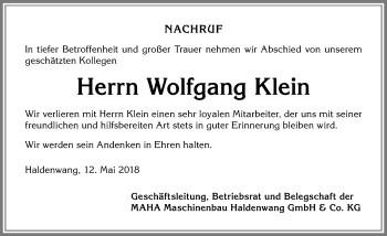 Traueranzeige von Wolfgang Klein von Allgäuer Zeitung
