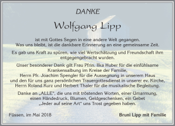 Traueranzeige von Wolfgang Lipp von Allgäuer Zeitung, Füssen