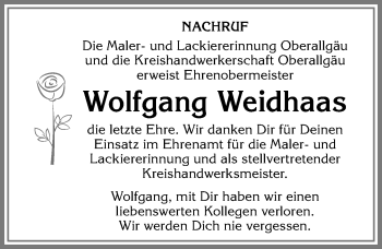 Traueranzeige von Wolfgang Weidhaas von Allgäuer Anzeigeblatt
