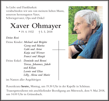 Traueranzeige von Xaver Ohmayer von Der Westallgäuer