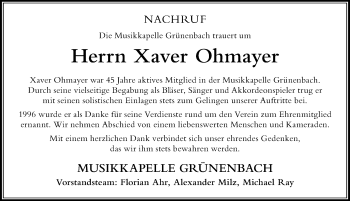 Traueranzeige von Xaver Ohmayer von Der Westallgäuer