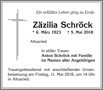 Traueranzeige von Zäzilia Schröck von Allgäuer Zeitung,Kempten