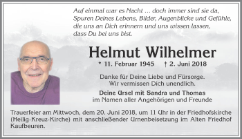 Traueranzeige von Helmut Wilhelmer 