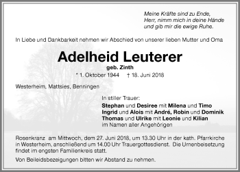 Traueranzeige von Adelheid Leuterer von Memminger Zeitung