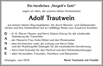 Traueranzeige von Adolf Trautwein von Allgäuer Zeitung, Kaufbeuren/Buchloe