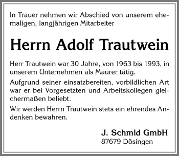 Traueranzeige von Adolf Trautwein von Allgäuer Zeitung, Kaufbeuren/Buchloe