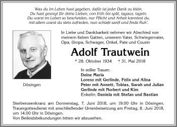 Traueranzeige von Adolf Trautwein von Allgäuer Zeitung, Kaufbeuren/Buchloe
