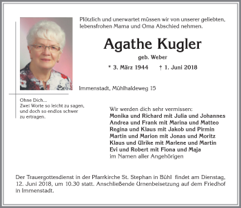 Traueranzeige von Agathe Kugler von Allgäuer Zeitung