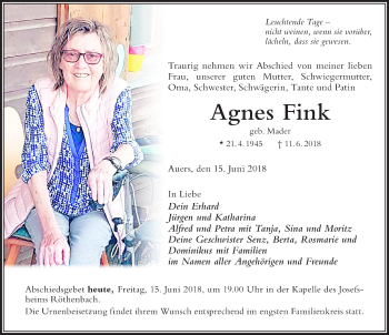 Traueranzeige von Agnes Fink von Der Westallgäuer