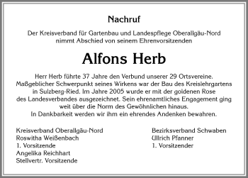 Traueranzeige von Alfons Herb von Allgäuer Zeitung