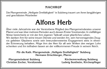 Traueranzeige von Alfons Herb von Allgäuer Zeitung,Kempten