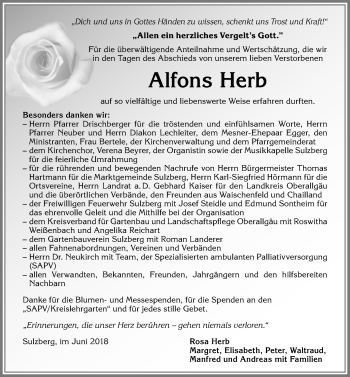Traueranzeige von Alfons Herb von Allgäuer Zeitung