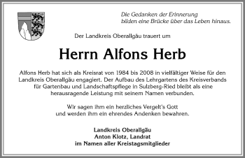Traueranzeige von Alfons Herb von Allgäuer Zeitung,Kempten