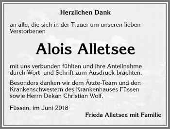 Traueranzeige von Alois Alletsee von Allgäuer Zeitung, Füssen