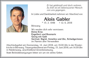 Traueranzeige von Alois Gabler von Allgäuer Zeitung,Kempten