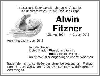 Traueranzeige von Alwin Fitzner von Memminger Zeitung