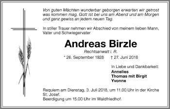 Traueranzeige von Andreas Birzle von Memminger Zeitung