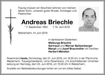 Traueranzeige von Andreas Briechle von Memminger Zeitung