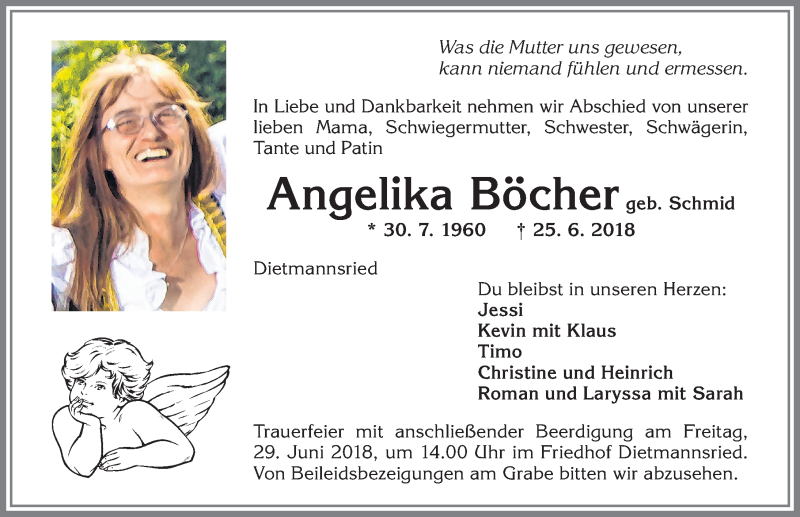  Traueranzeige für Angelika Böcher vom 27.06.2018 aus Allgäuer Zeitung,Kempten