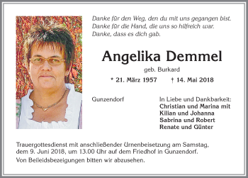Traueranzeige von Angelika Demmel von Allgäuer Zeitung,Kempten
