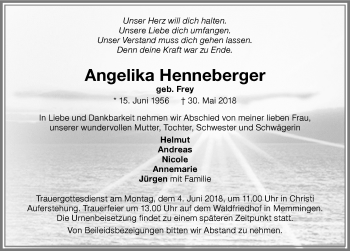 Traueranzeige von Angelika Henneberger von Memminger Zeitung