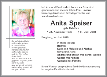 Traueranzeige von Anita Speiser von Allgäuer Anzeigeblatt