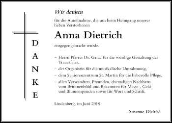 Traueranzeige von Anna Dietrich von Der Westallgäuer