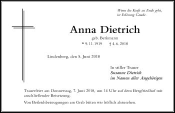 Traueranzeige von Anna Dietrich von Der Westallgäuer