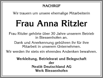 Traueranzeige von Anna Ritzler von Allgäuer Zeitung