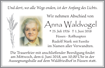 Traueranzeige von Anna Waldvogel von Allgäuer Zeitung, Füssen