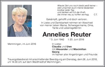 Traueranzeige von Annelies Reuter von Memminger Zeitung