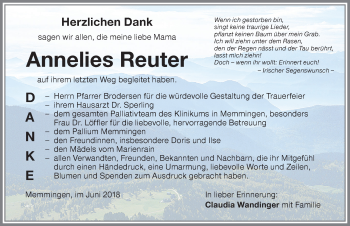 Traueranzeige von Annelies Reuter von Memminger Zeitung