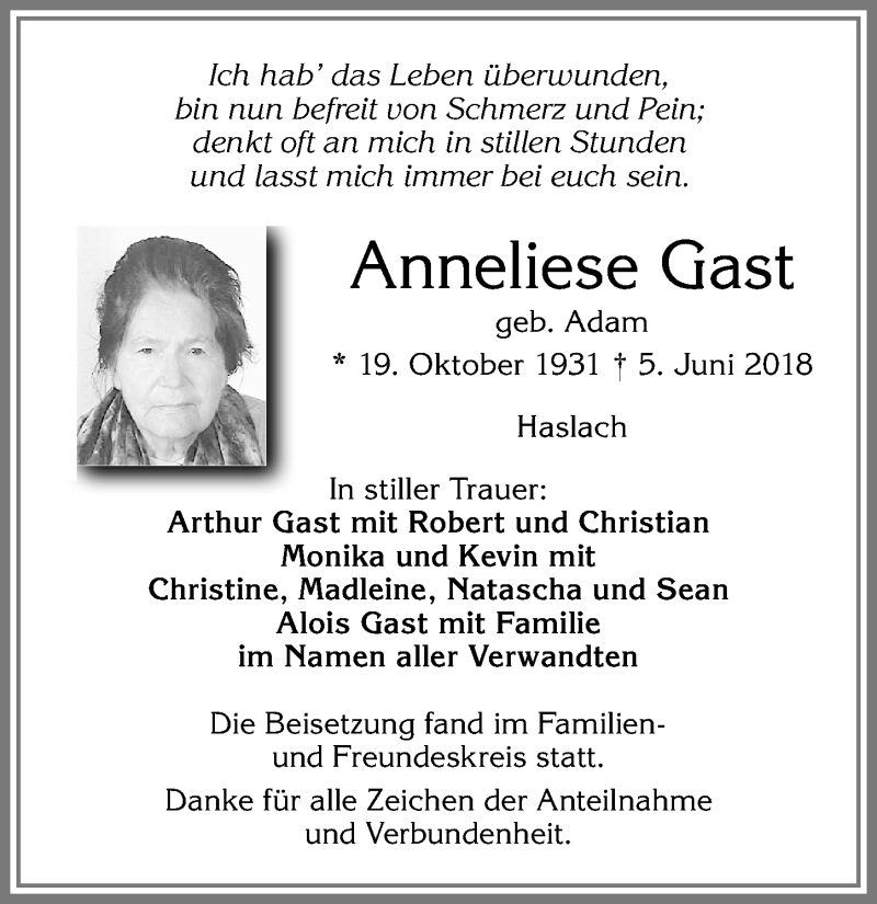  Traueranzeige für Anneliese Gast vom 09.06.2018 aus Allgäuer Zeitung,Kempten