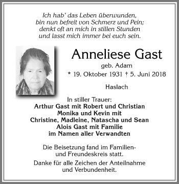 Traueranzeige von Anneliese Gast von Allgäuer Zeitung,Kempten