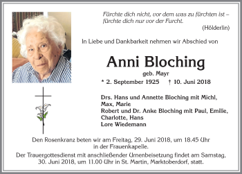 Traueranzeige von Anni Bloching von Allgäuer Zeitung, Marktoberdorf