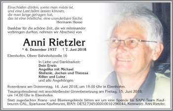 Traueranzeige von Anni Rietzler von Allgäuer Zeitung, Marktoberdorf
