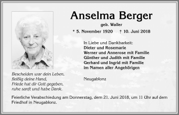 Traueranzeige von Anselma Berger von Allgäuer Zeitung, Kaufbeuren/Buchloe